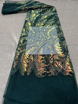 Африканская кружевная ткань Вышивка Зеленые платья для вечеринок Сетка Пайетки Ткань Для Женщин Тюль Дизайн Шитье 5 Ярдов Ткань По Метру