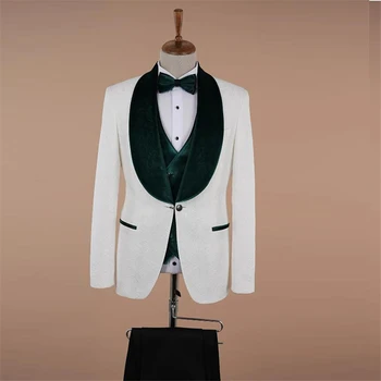 Белые свадебные костюмы с цветочным принтом для мужчин Элегантный зеленый бархатный лацкан жаккардовый блейзер жилет брюки 3 шт. Формальный жених Смокинги 2024