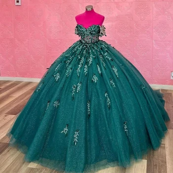 Бирюзовый Принцесса Quinceanera Платья Бальное платье с открытыми плечами Аппликации из тюля Sweet 16 Платья 15 Años Мексиканская