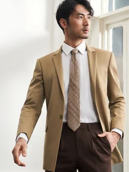 Блейзер для мужчин 60% хлопок одинарный на одну пуговицу хаки приталенный костюм куртки мода бизнесмен носить досуг одежда для мальчиков