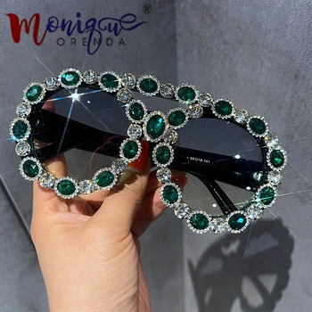 Большие винтажные солнцезащитные очки Женские роскошные солнцезащитные очки с драгоценным камнем и зеленым бриллиантом Персональные женские очки UV400 зеленых оттенков Oculos