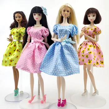 Весна Горошек Бант Платье Подсолнух Для Куклы Барби Одежда Вечерние Платья Одежда Для Кукол Барби Наряды Аксессуары 1:6
