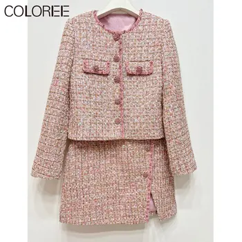 Весна Осень Наряды для женщин 2023 Элегантный розовый твидовый пиджак с о-образным вырезом + мини-платье Комплект из двух частей Новый в соответствующих наборах