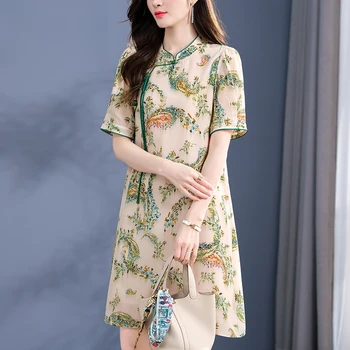  Винтажные платья Cheongsam для женщин 2023 Лето Элегантное женское платье с коротким рукавом и цветочным принтом 100% настоящее шелковое платье А-силуэта