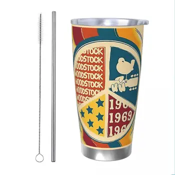 Вудсток Мир 1969 Изолированный стакан с крышкой Рок-музыка Хиппи Вакуумные кофейные кружки На открытом воздухе Чашка для бутылки автомобиля для путешествий, 20 унций