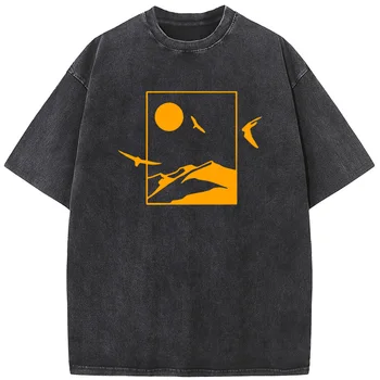 Геометрические горы Мужская рубашка с отбеливателем Винтажная выстиранная футболка Топы Летние повседневные хлопковые футболки с круглым вырезом Отбеленная футболка