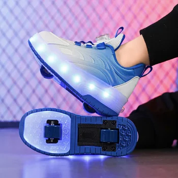 Двухколесная флеш-обувь Кожаные роликовые коньки для мальчиков с подсветкой и вращающимися кнопками Обувь для девочек Glitter Bright Light Shoe tide