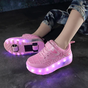 Двухколесные кроссовки для детей Мальчики Девочки Светодиодный свет Ботинки Детские каблуки Роликовые коньки Спортивная обувь Светящаяся светящаяся USB-зарядка
