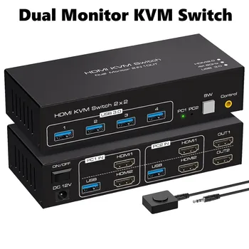 Двухмониторный KVM-переключатель HDMI 2-портовый KVM-переключатель 4K60 Гц для 2 компьютеров 2 монитора с 4 портами USB 3.0 Поддержка копирования и расширения