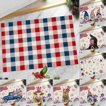  День независимости Придверный коврик Деревенский Американский Патриотический Гномы И Флаг Красочный Цветочный В помещении, совместимый с одеялом Макраме
