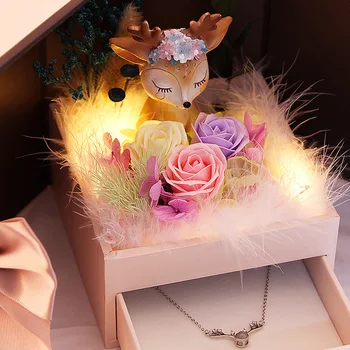 День рождения День святого Валентина День матери Годовщина свадьбы ожерелье подарочная коробка олень роза мыльный цветок Искусственный букет цветов для подарка