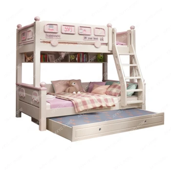 Детская верхняя и нижняя двухъярусная кровать Регулируемая по высоте кровать Девочка Принцесса Кровать Мать и ребенок Комбинированная кровать из массива дерева