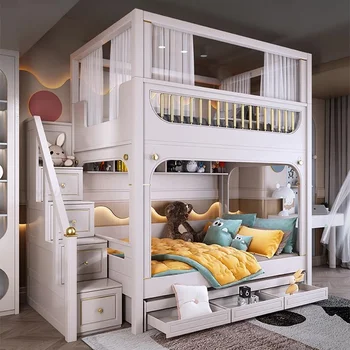  Детская двухъярусная кровать с защитным ограждением на 5-8 лет Старая детская спальня Мебель Большая кровать для хранения для детей