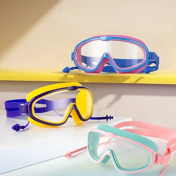 Детские очки для плавания Водонепроницаемые противотуманные очки для плавания с берушами Регулируемая длина Мягкая силиконовая рама Очки для бассейна