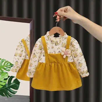 Детские платья для девочек 2023 Новая осенняя принцесса Однотонный повседневный Сладкий O-образный вырез с длинным рукавом Цветочный принт Мода All-match