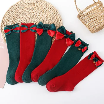 Детские рождественские носки для девочек Эластичный бант Принцесса Носки Дышащие длинные носки для малышей Аксессуары для детской одежды 0-3 лет