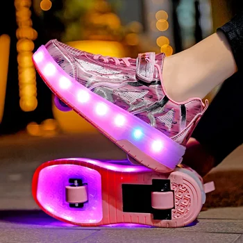 Детский светодиодный светильник USB Зарядка Дети Двухколесные кроссовки для мальчиков Девочки Каблуки Роликовые коньки Летающая спортивная обувь На открытом воздухе Повседневная