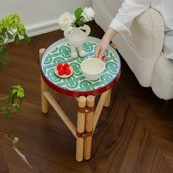 Диван в марокканском стиле Приставной столик Ретро стол из массива дерева Прикроватная тумбочка балкон Маленький круглый стол с керамическим подносом PU Ремешок