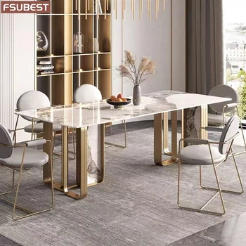 Дизайнерский роскошный обеденный стол из каменной плиты Набор столов для столовой 4 6 8 стульев Мебель Esstisch Meuble Marbre Нержавеющая сталь Золотое основание