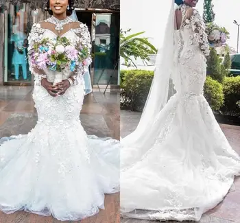 Довольно высокий вырез 3 D цветочные аппликации Свадебные платья русалки Vestidos de Casamento Длинные рукава Свадебные платья с открытой спиной