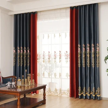 Европейские вышитые роскошные шторы для гостиной спальни блэкаут гладкая толстая ткань красная строчка элегантное окно на заказ