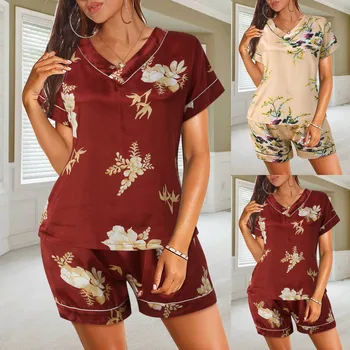 Женская повседневная пижама с короткими рукавами и V-образным вырезом, комплект домашней одежды 2024 года, летний удобный дышащий пижамный комплект с принтом