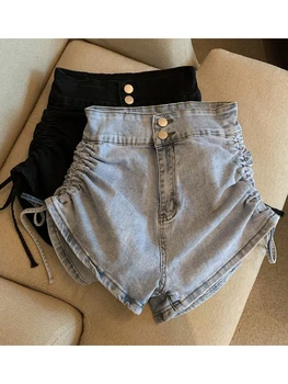 Женские джинсовые шорты Модные уличные уличные мешковатые ковбойские шорты на шнуровке с высокой талией 2000-х годов Y2k Harajuku Джинсовые короткие брюки Лето 2024