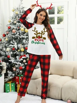 Женский новый рождественский пижамный комплект с лосиным принтом, повседневный топ с длинным рукавом и клетчатые брюки, пижама из 2 предметов, одежда для отдыха