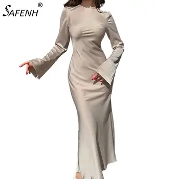 Женское атласное модное тонкое макси-платье с длинным рукавом и высокой талией элегантное однотонное платье для вечеринки повседневные роскошные женские осенние платья