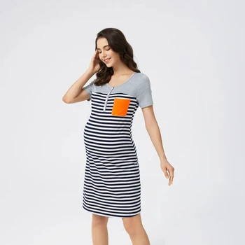 Женское платье для кормления беременным с коротким рукавом в полоску для грудного вскармливания Летнее платье для беременных Ночная рубашка Хлопковое платье