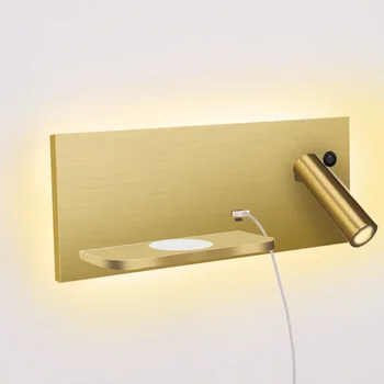  Золотой роскошный настенный светильник для чтения Домашний отель Спальня Беспроводное зарядное устройство Плата USB-зарядное устройство Розетка Двойной переключатель Светодиодные светильники