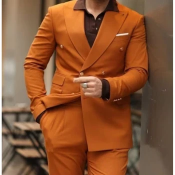  Изготовленный на заказ двубортный пиковый лацкан плоский оранжевый мужской костюм обычный длинный элегантный полный комплект умный повседневный пиджак брюки из 2 предметов