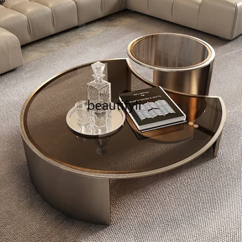 Итальянский светлый роскошный чайный столик для гостиной Дизайнер дома Круглый журнальный столик из закаленного стекла Комбинация
