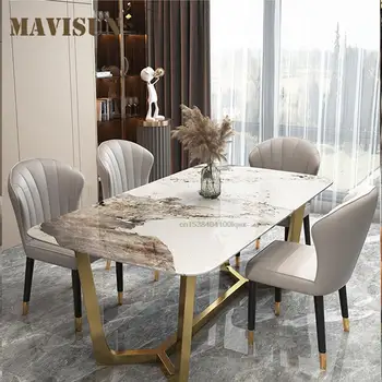 Итальянский стиль Нержавеющая сталь Мраморная столешница Свадебные столовые наборы Роскошные обеденные стулья Прямоугольный стол для небольшой квартиры