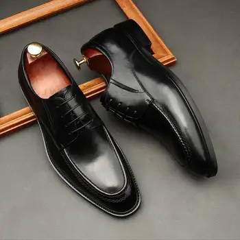 Классическая мужская дерби бизнес офис классическая обувь натуральная кожа ручной работы квадратная голова на шнуровке свадебная вечеринка формальные оксфордские туфли
