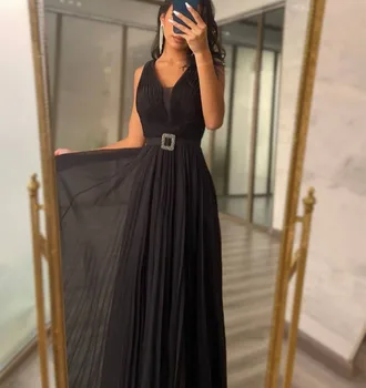 Классические длинные Шифон Черный V-образный вырез Вечерние Desses A-Line Плиссированные мусульманские платья в пол для женщин
