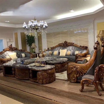 Кожаный диван из черного дерева, комбинированная гостиная из воловьей кожи первого слоя, большая семейная вилла из массива дерева, европейская мебель