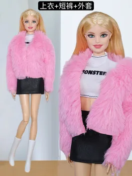 Комплект одежды / белый топ + кожаная юбка + розовое плюшевое пальто / 30 см кукольное платье одежда наряд для 1/6 Xinyi FR ST PP Кукла Барби