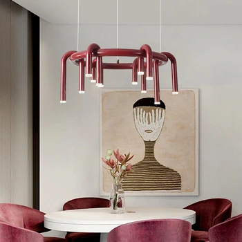 Красная U-образная люстра Датские дизайнерские скандинавские лампы из металлических труб Гостиная Спальня Ресторан Светодиодные светильники