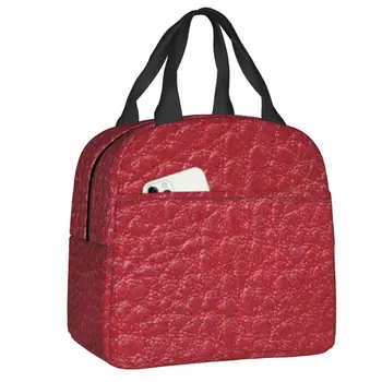 Красный кожаный узор Термоизолированная сумка для ланча Женская портативная сумка для обеда на открытом воздухе Кемпинг Путешествия Хранение Коробка для еды