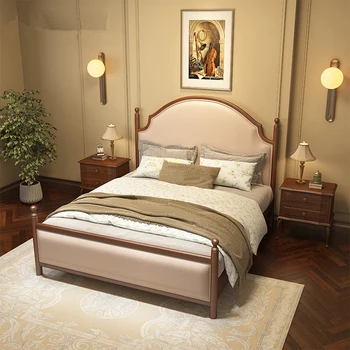 Кровать из массива дерева в стиле кантри, простая современная вилла, спальня, двуспальная кровать, высококачественная художественная кровать, кровать в изголовье