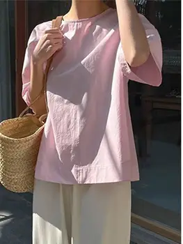 Летние женские топы VONDA 2023 Мода Элегантная блузка с круглым вырезом и коротким рукавом Однотонные рубашки Повседневные свободные оверсайз Blusas