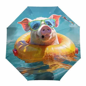 Летний океан Плавание Свинья Солнцезащитные очки Отпуск На открытом воздухе Полностью автоматический складной восьмипрядный зонтик для взрослых Зонтик