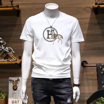 Летняя тонкая мужская повседневная футболка с коротким рукавом Joker Футболка с круглым вырезом Футболка с принтом Корейская хлопковая модная мужская одежда