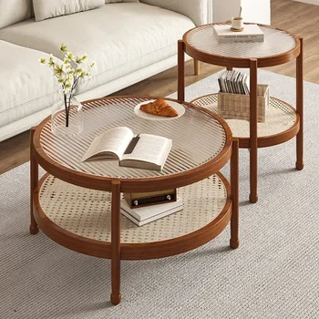  Лучший скандинавский светлый роскошный восьмиугольный чайный столик из ротангового стекла Современный простой журнальный столик для гостиной из массива дерева