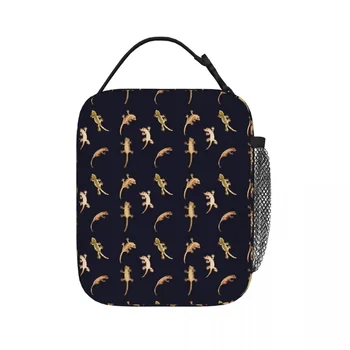  Милые маленькие хохлатые гекконы Изолированные сумки для ланча Герметичные сумки для пикника Термо Ланч-бокс Ланч-тоут для женщин Работа Дети Школа
