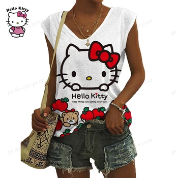 Модная рубашка Harajuku Hello Kitty Майка с принтом Женская веселая свободная летняя майка без рукавов Повседневная футболка для девочек 90-х годов 2023
