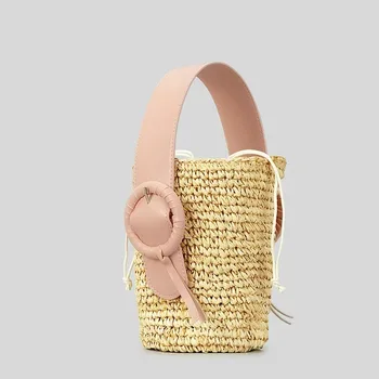 Модная соломенная сумка-ведро Дизайнерская ручка pu leathe Женские сумки papar woven summer Beach Small Tote Bali Purse 2023 Женская сумка