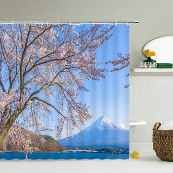 Моющиеся занавески для душа Fuji Mountain Cherry Blossoms Пейзаж 3D Водонепроницаемая ткань Ванная комната Большой 240X180 Печать Занавеска для душа