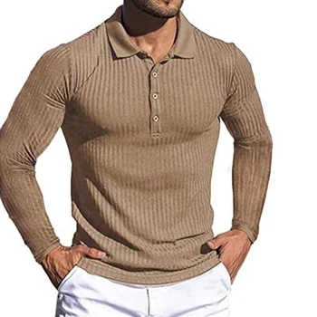 Мужская однотонная трикотажная рубашка-поло с длинным рукавом тонкая кардиган на лацкане на пуговицах дышащая осенняя рубашка-поло модная одежда